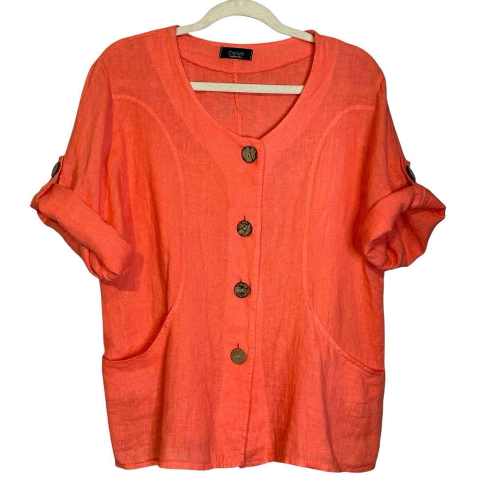 Cherishh Italy Linen Button Up Roll Tab Blouse Coastal Lagenlook Artsy Boho